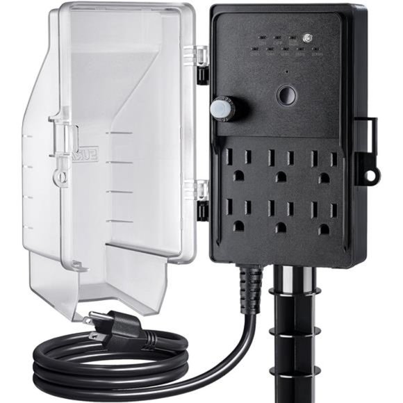 Outdoor Power Stake Light Timer, Dusk to Dawn, 6 Outlet Power Strip Weatherproof - Picture 1 of 6